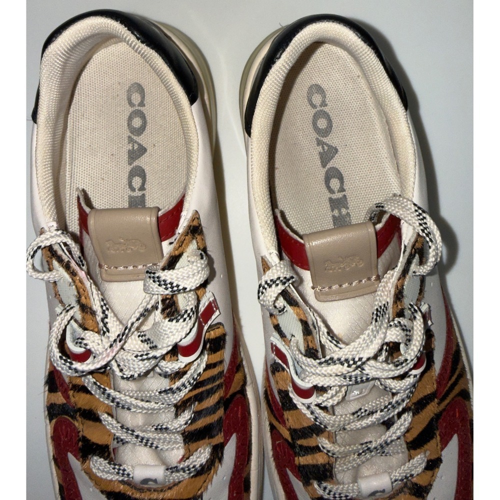 Coach CitySole Court Sneakers White Leather Tiger Print Calf Hair Red size 7 - Picture 8 of 14